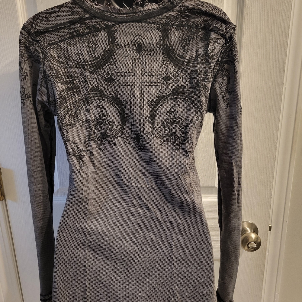 Affliction Charcoal Long Sleeve Tee with Black Cross Design